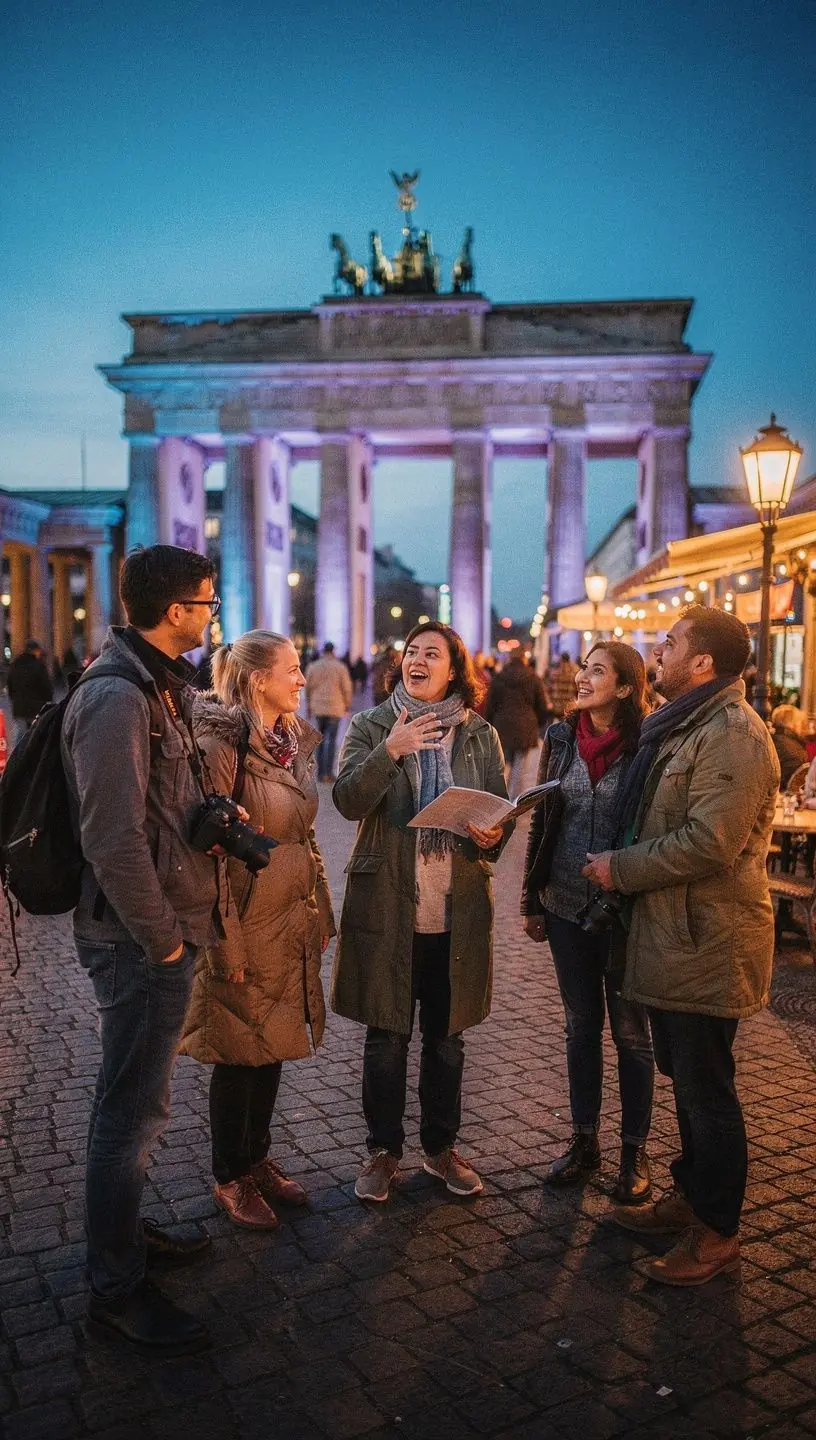 Tourist, der an einem Informationsstand eine detaillierte Deutschlandkarte mit Reiserouten studiert.